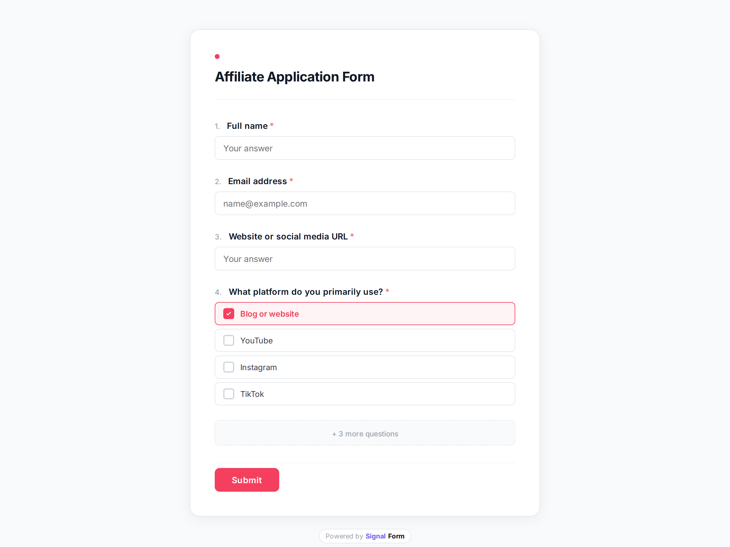 Affiliate Application Form form template preview