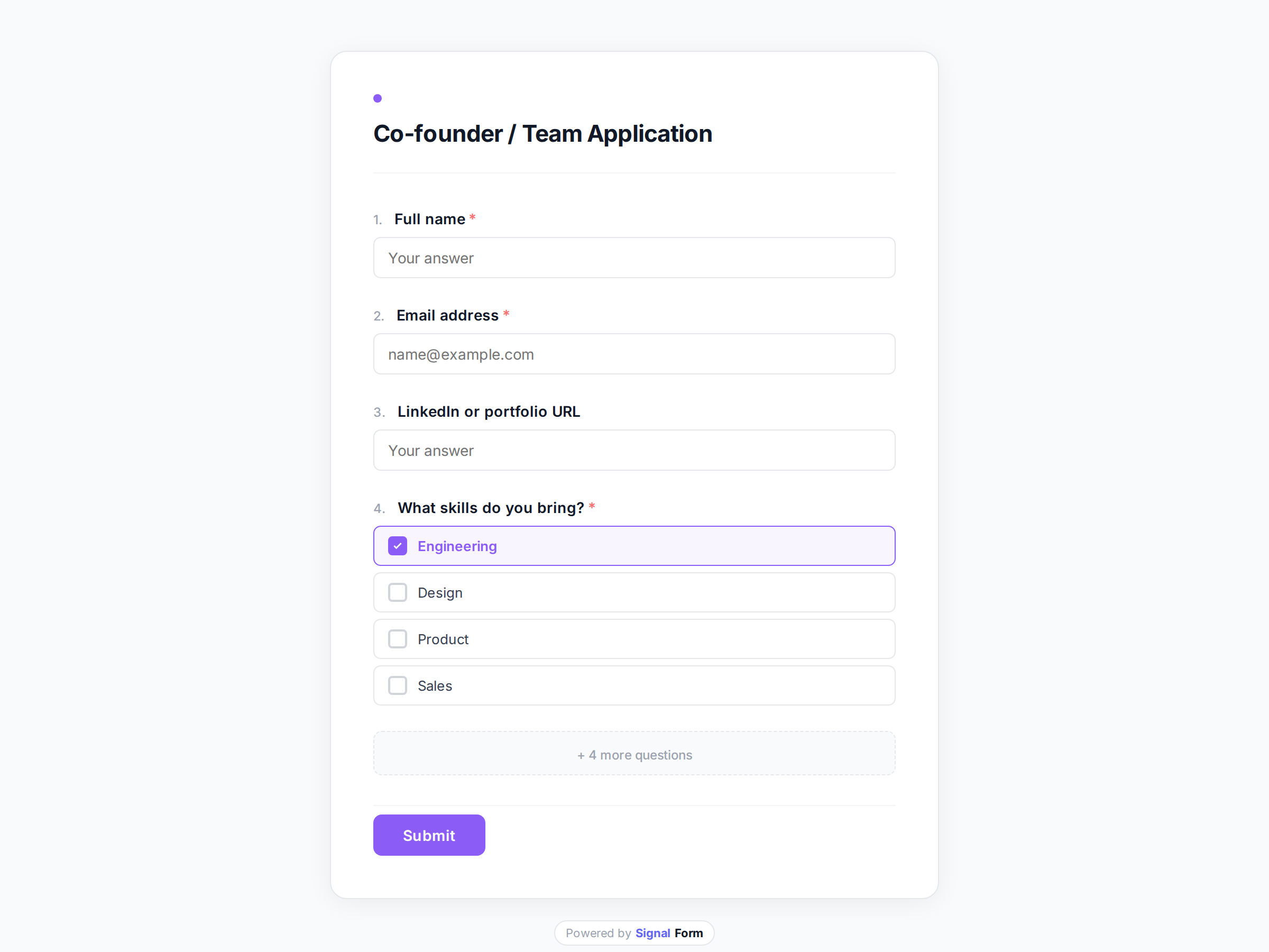 Co-founder / Team Application form template preview
