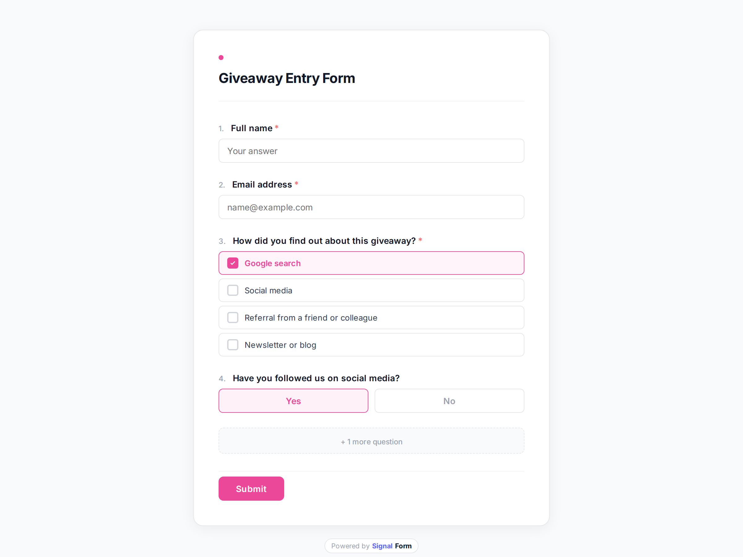 Giveaway Entry Form form template preview
