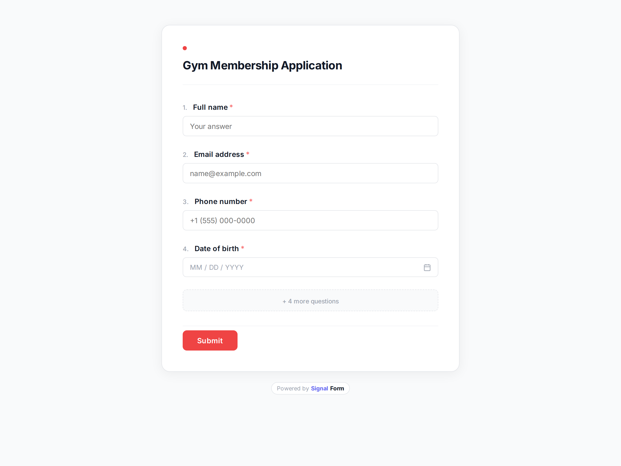 Gym Membership Application form template preview
