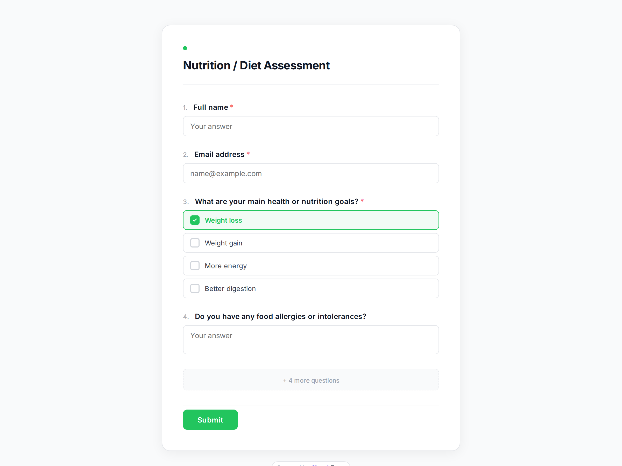 Nutrition / Diet Assessment form template preview