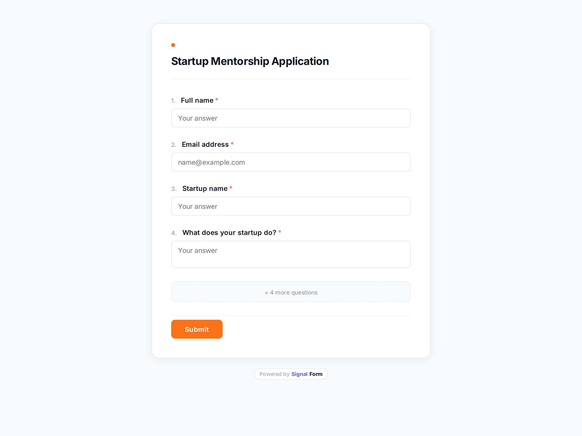 Startup Mentorship Application form template preview