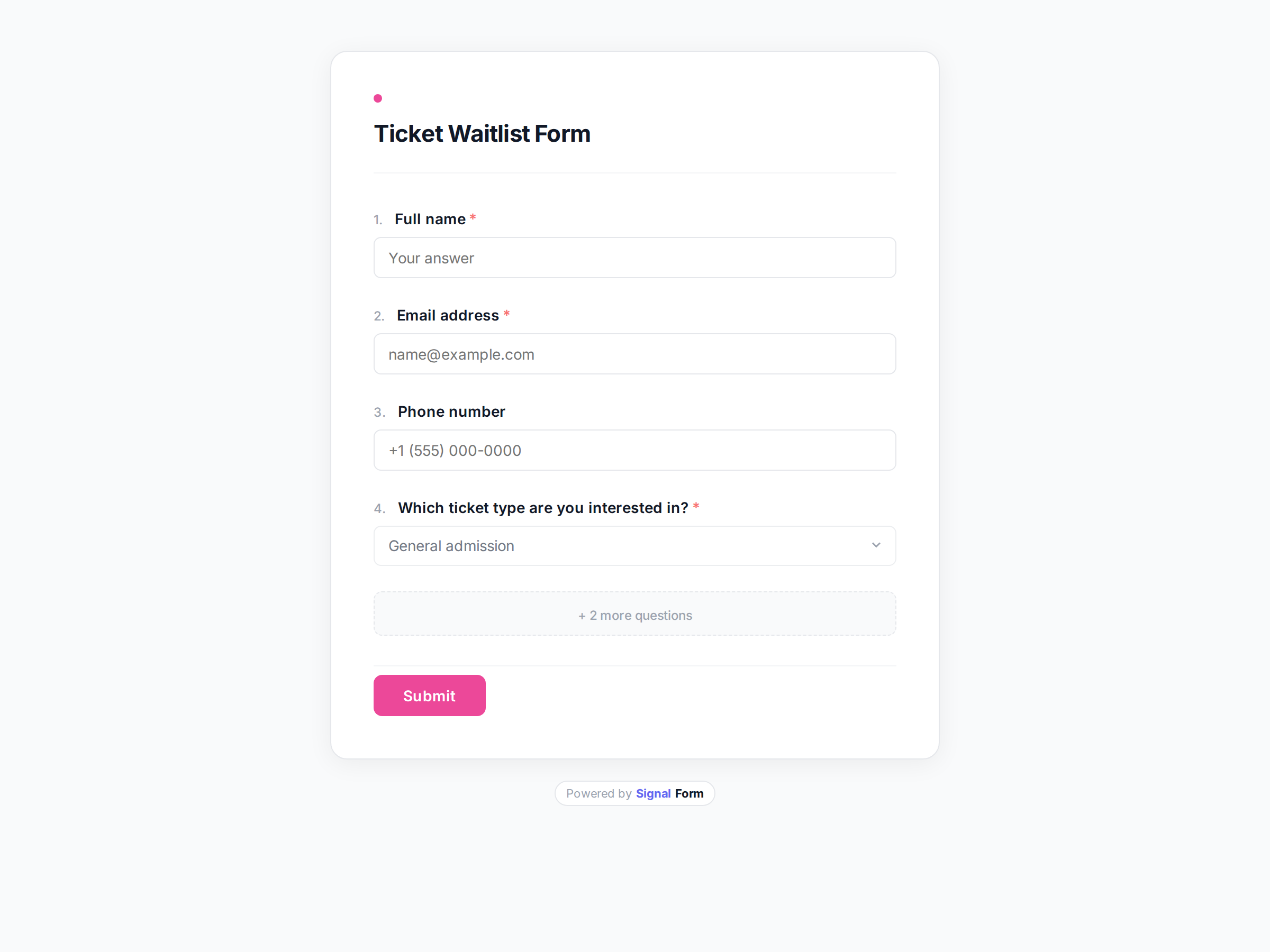 Ticket Waitlist Form form template preview