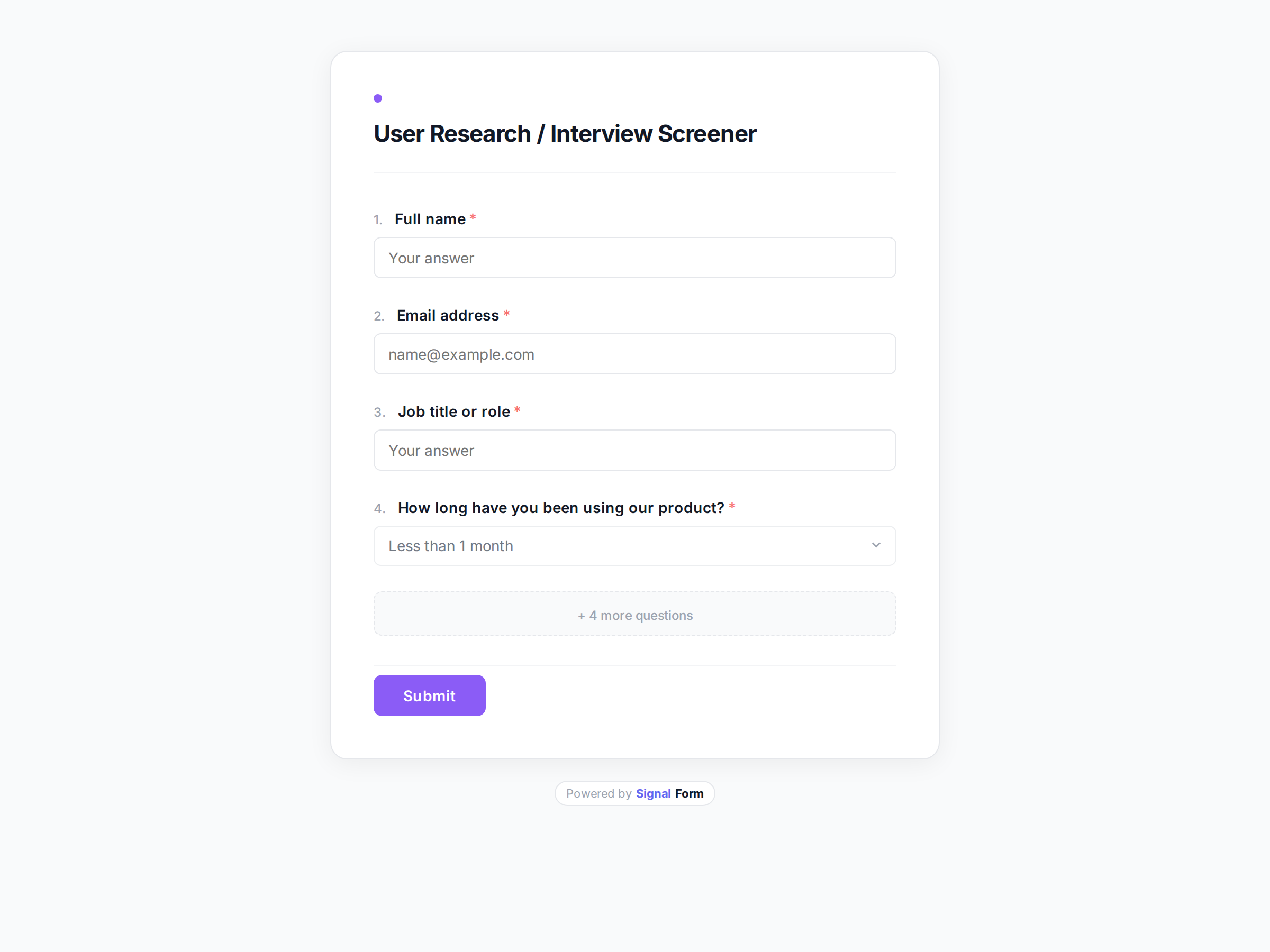 User Research / Interview Screener form template preview